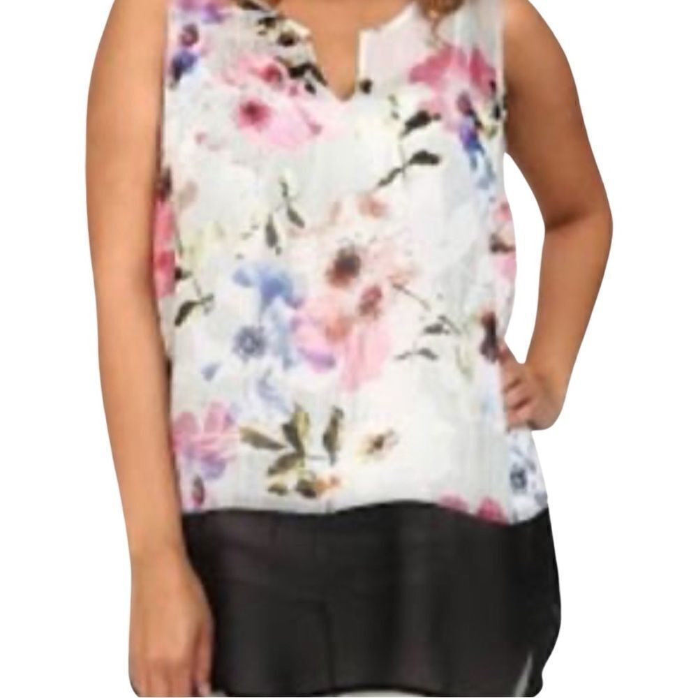 DKNY Jeans Women's Floral Print Split Neck Chiffon Tunic Top Black Size Medium